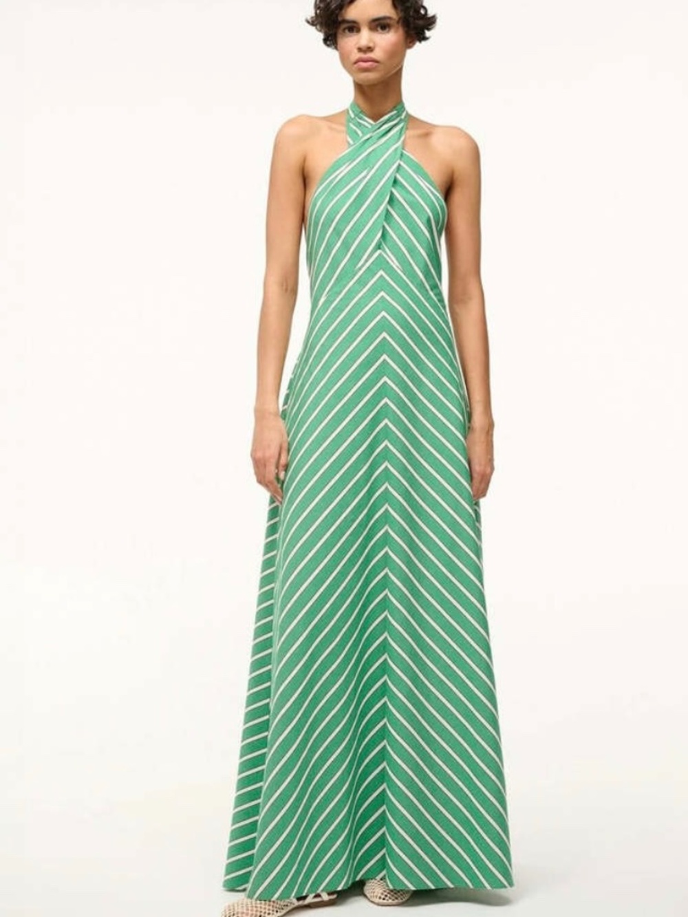 STAUD Dawn Seaweed Stripe Halter Maxi Dress Green White M - Picture 2 of 9